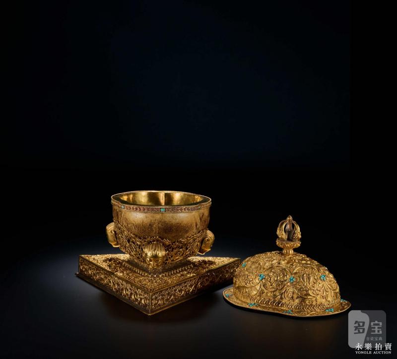 清乾隆 御制金质嵌松石八吉祥纹嘎巴拉碗 - 图3